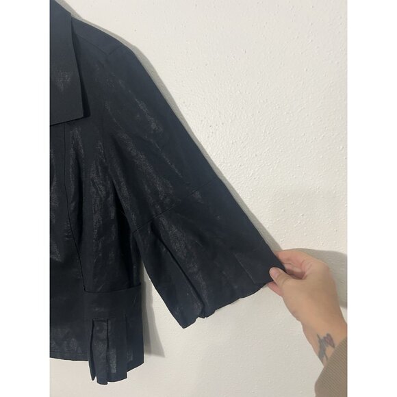 Randy Kemper Button Down Shiny Black Linen Blend Blouse Size 12 - Picture 6 of 15